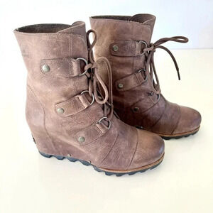 Sorel Joan of Arctic Leather Wedge Lace Up Ankle Boots Tobacco Size 7.5